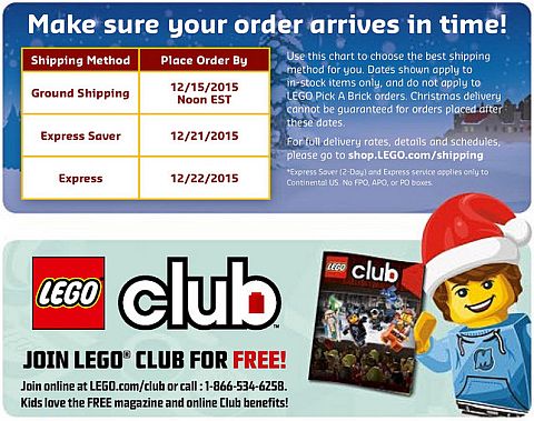 LEGO Store Calendar December 2015 Shipping Chart